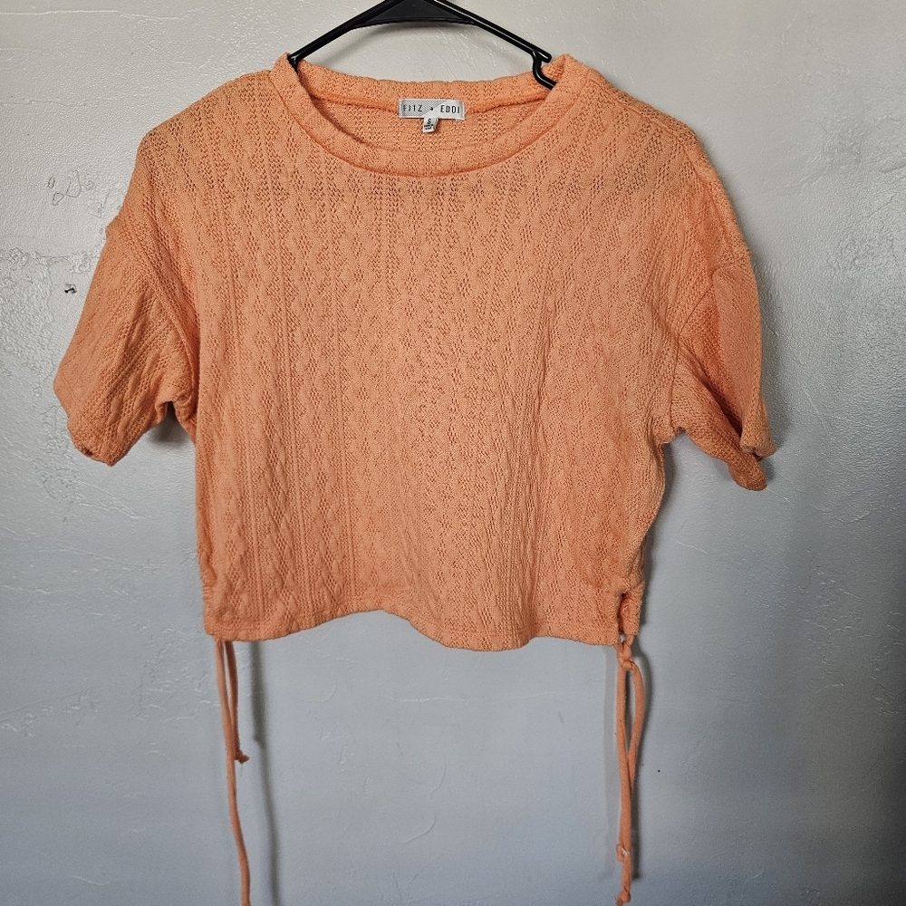Fitz + Eddi Women's Small Orange Knit Short Sleeve Top Cropped Ruched Sides